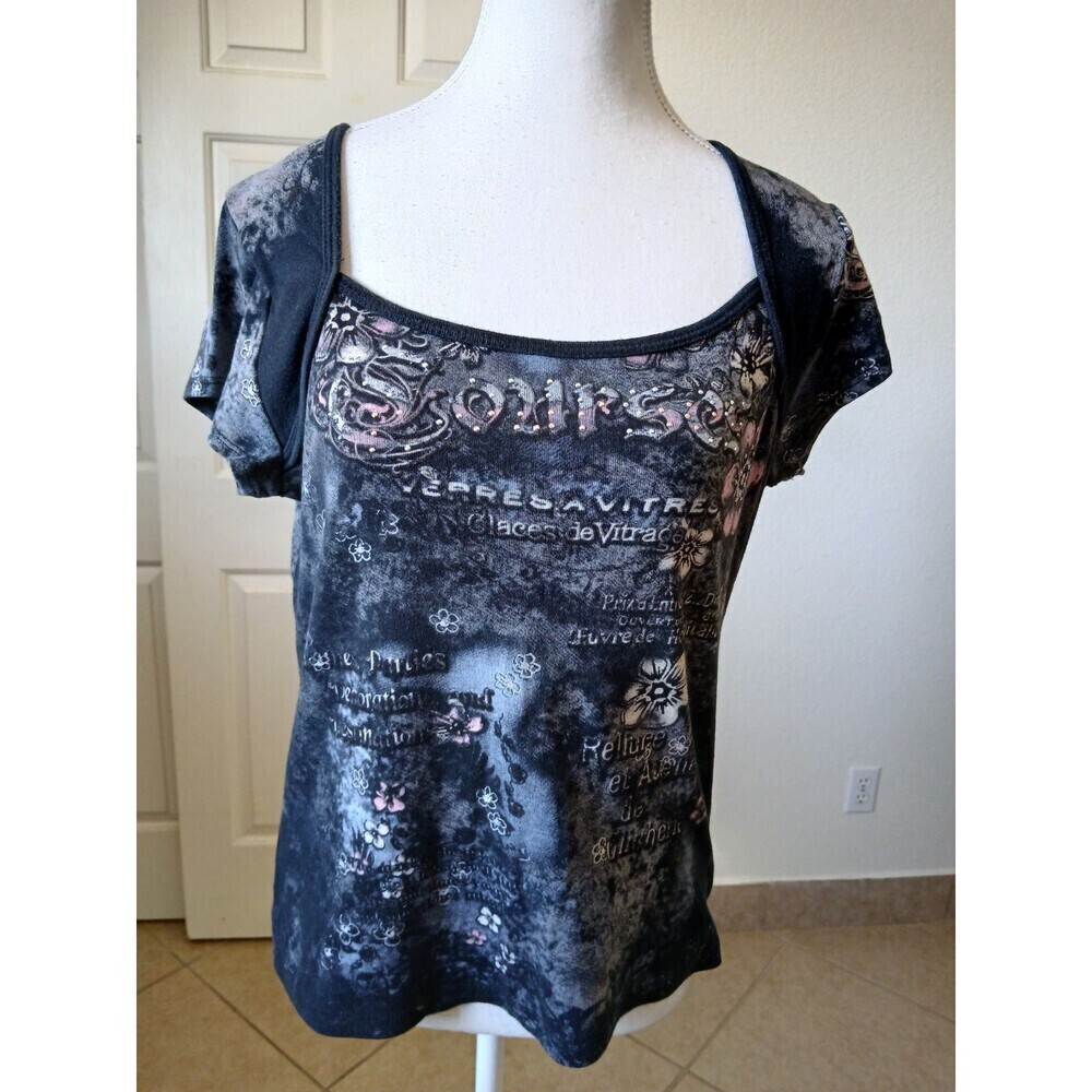 Vintage 7 Wonders Womens PM Black Rose Short Sleeve T-shirt Y2K 90's